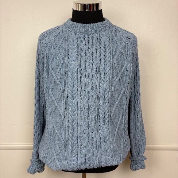 Orvis Vintage Crew Neck Sweater Size L Blue Cable Knit Fisherman Cotton Silk